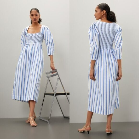 Ganni Dresses & Skirts - Coastal Blue Stripe Midi Dress Puff Sleeve Smocked Summer GANNI NWT